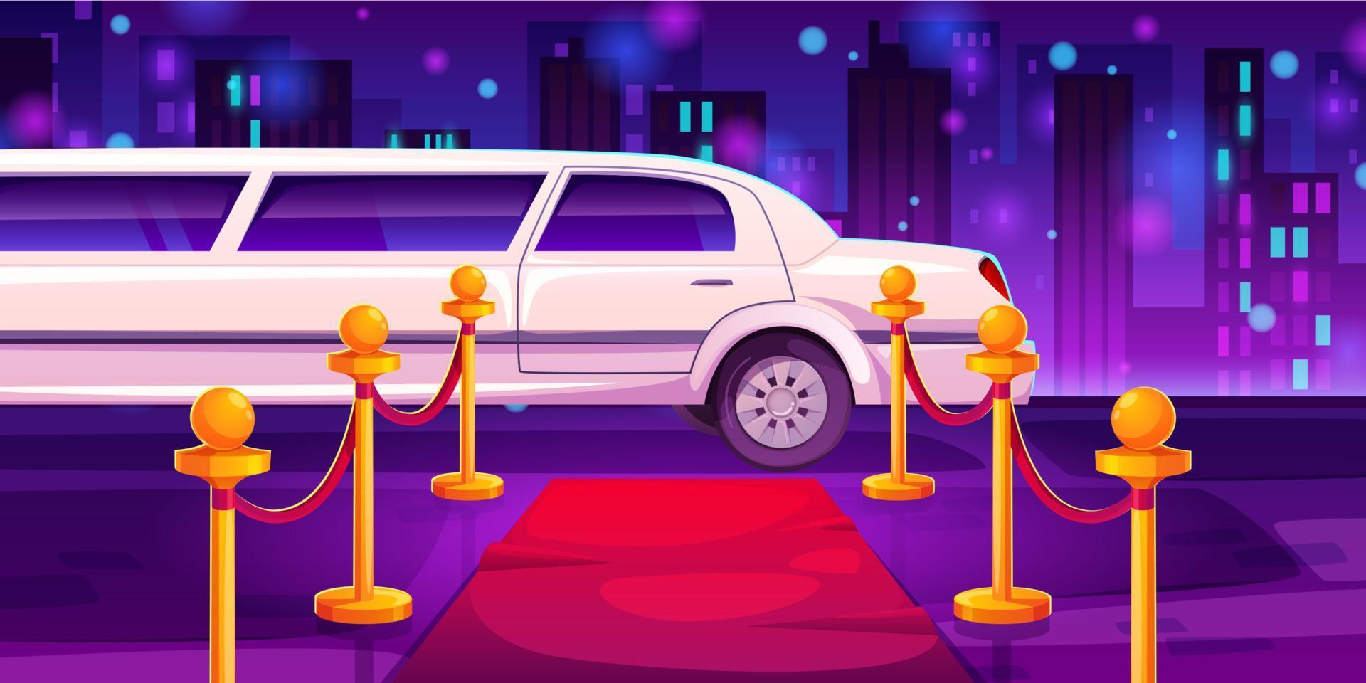 Luxury white limousine car near empty red carpet vector