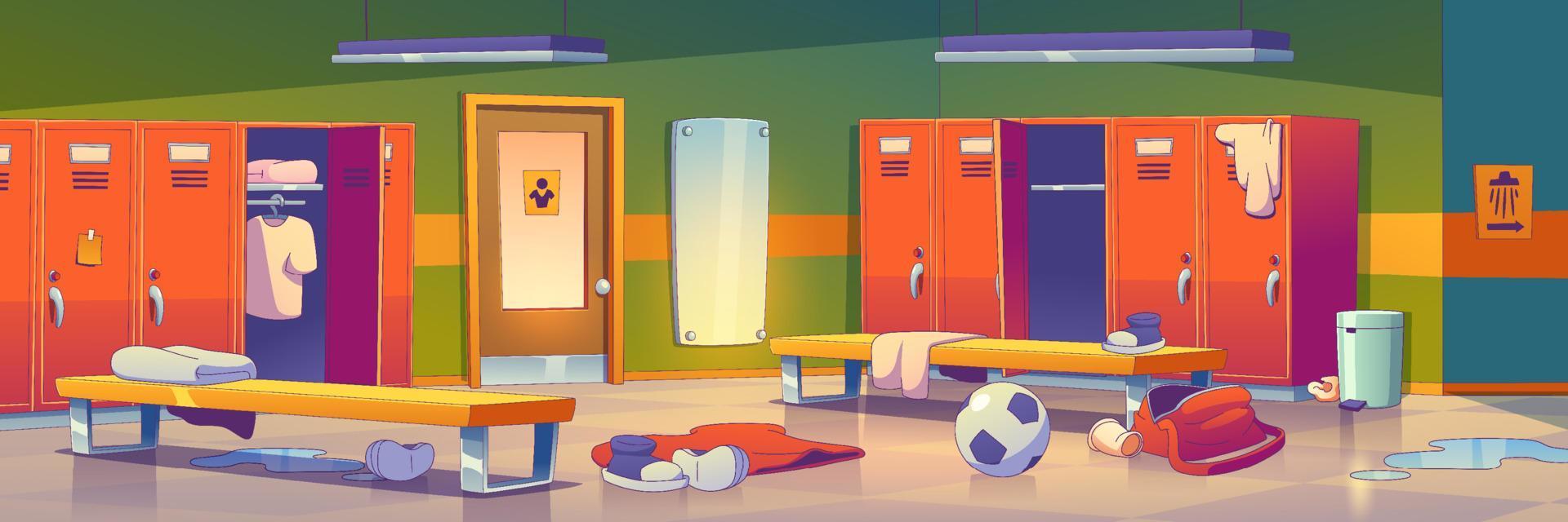 Messy locker room with clutter, soccer ball vector