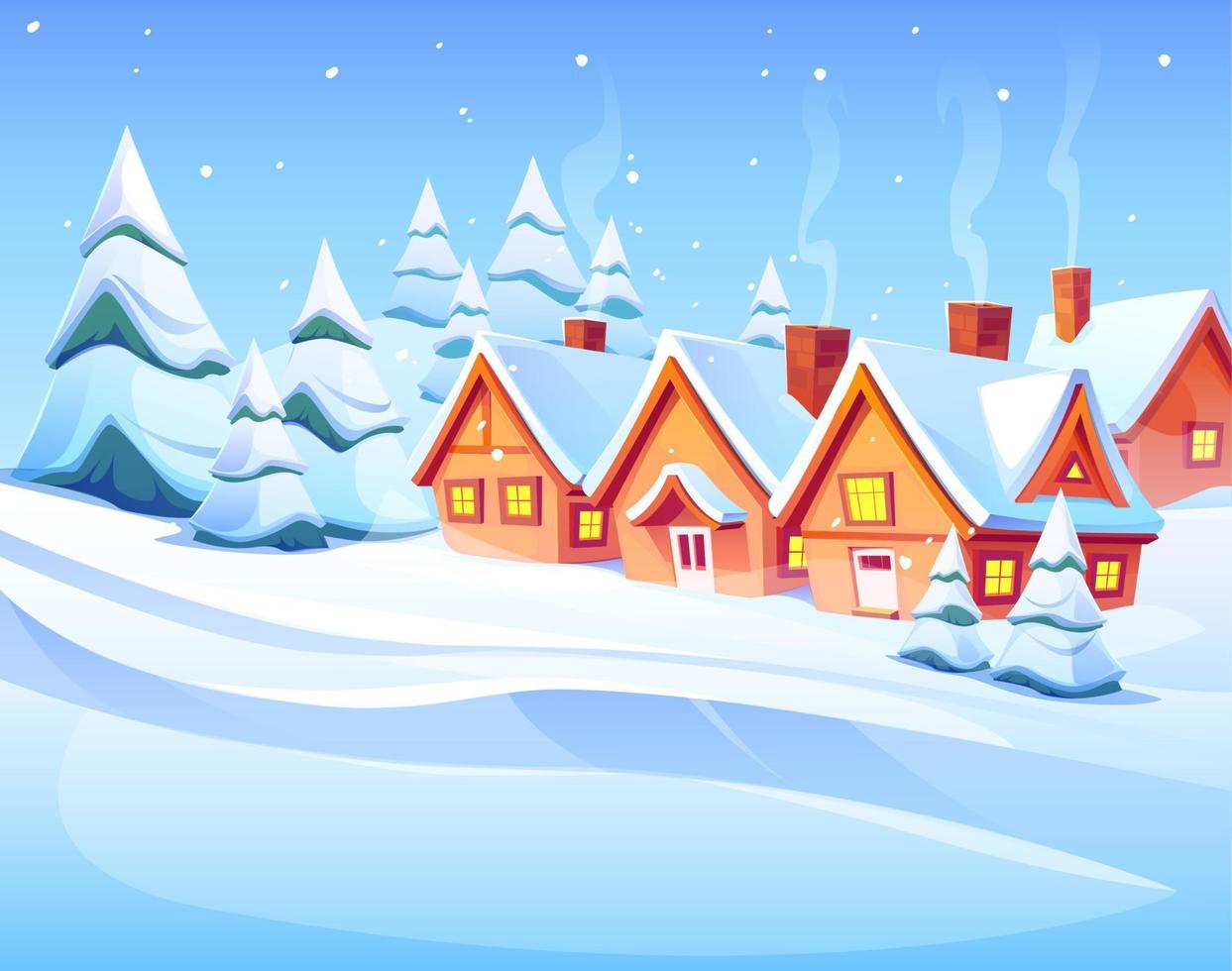 paisaje invernal con nieve, casas y bosque vector