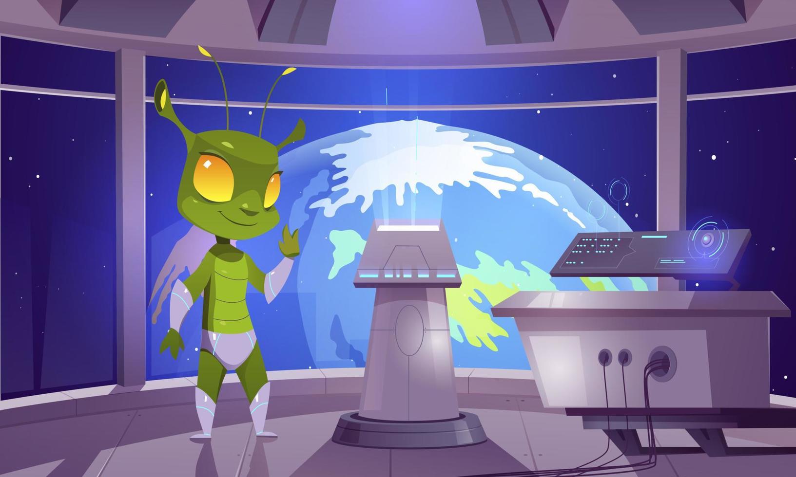 Cartoon alien in spacecraft approaching Earth vector