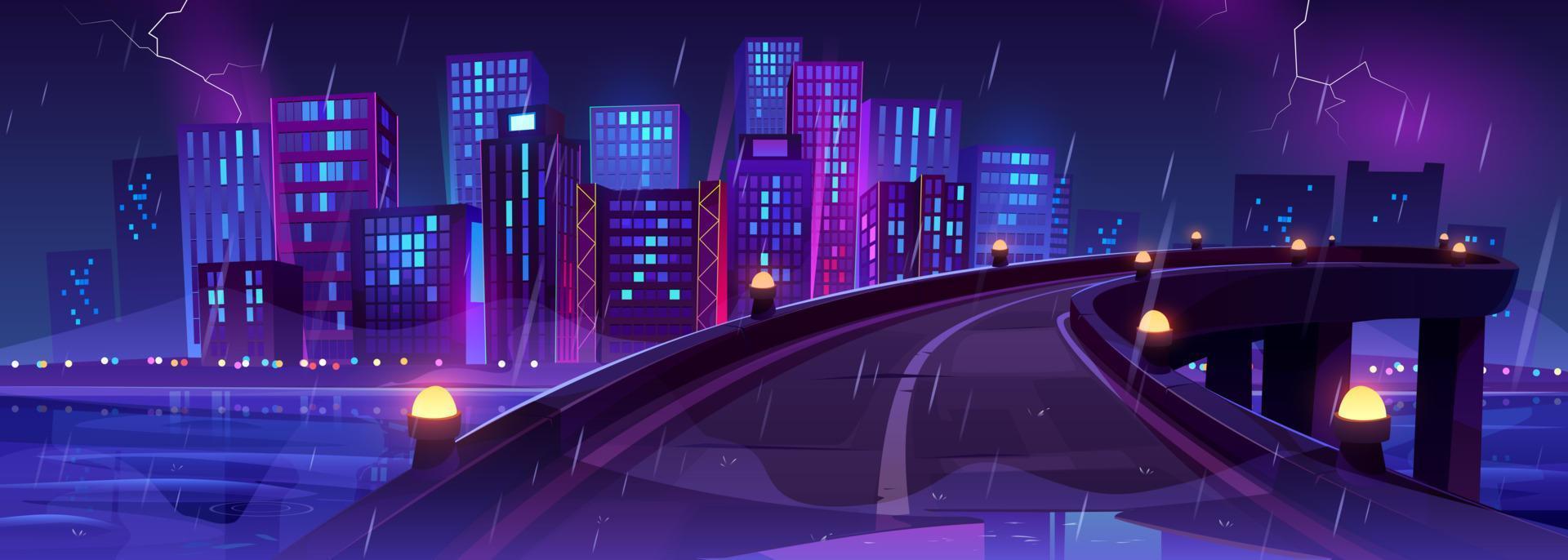 Night city skyline view from bridge, urban road vector