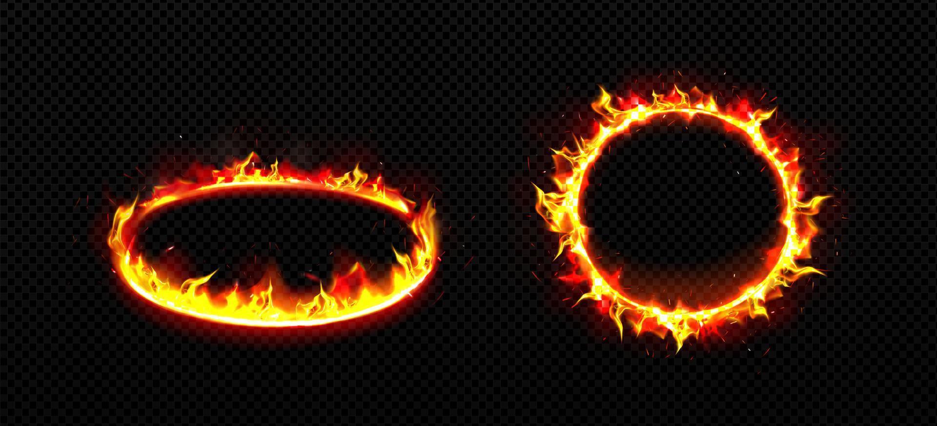 Round frames with fire. Burning rings with flame vector