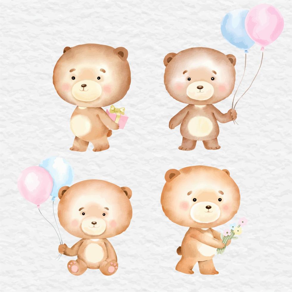 Cute cartoon teddy bear in green sweater hanging on to air balloon string  and flying. Celebration concept. illustration can be used for topics like  holiday, birthday, anniversary Stock Illustration