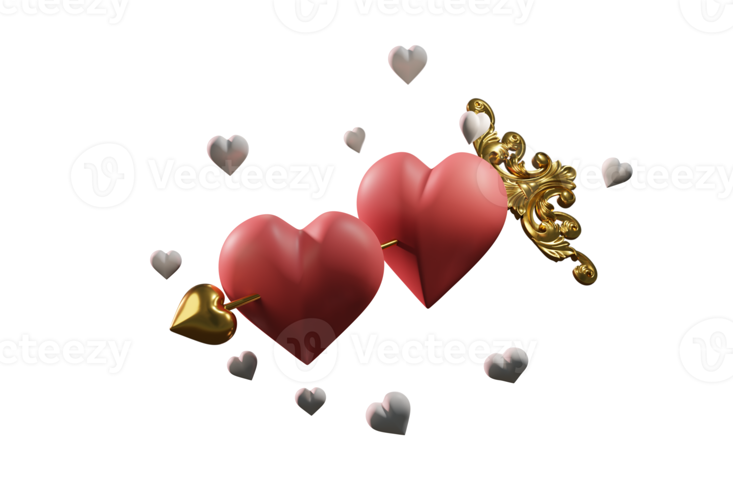 Ilustración 3d, pareja de corazones rosas con flecha dorada. png
