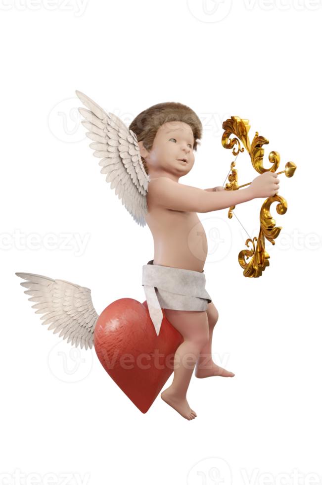 3D Illustration , Cupid sits on the heart . png