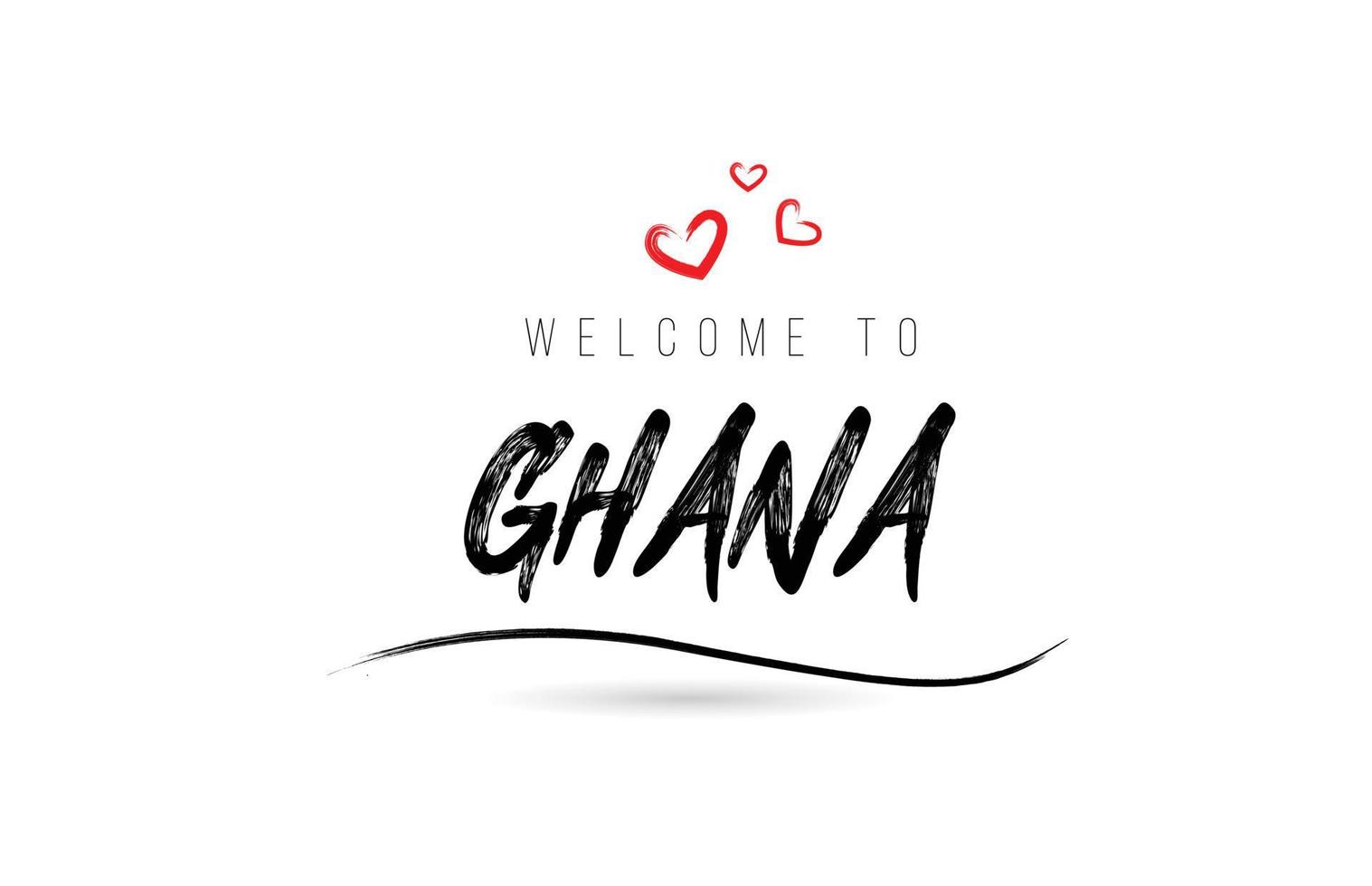 bienvenido a la tipografía de texto del país de ghana con corazón de amor rojo y nombre negro vector