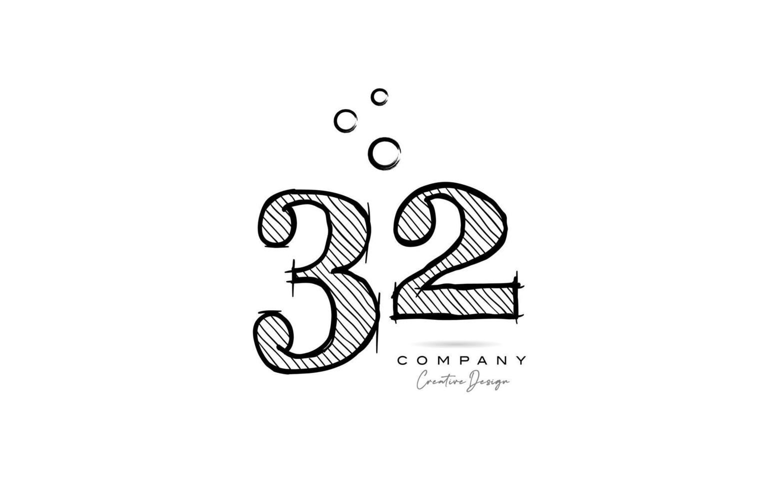 hand drawing number 32 logo icon design for company template. Creative logotype in pencil style vector