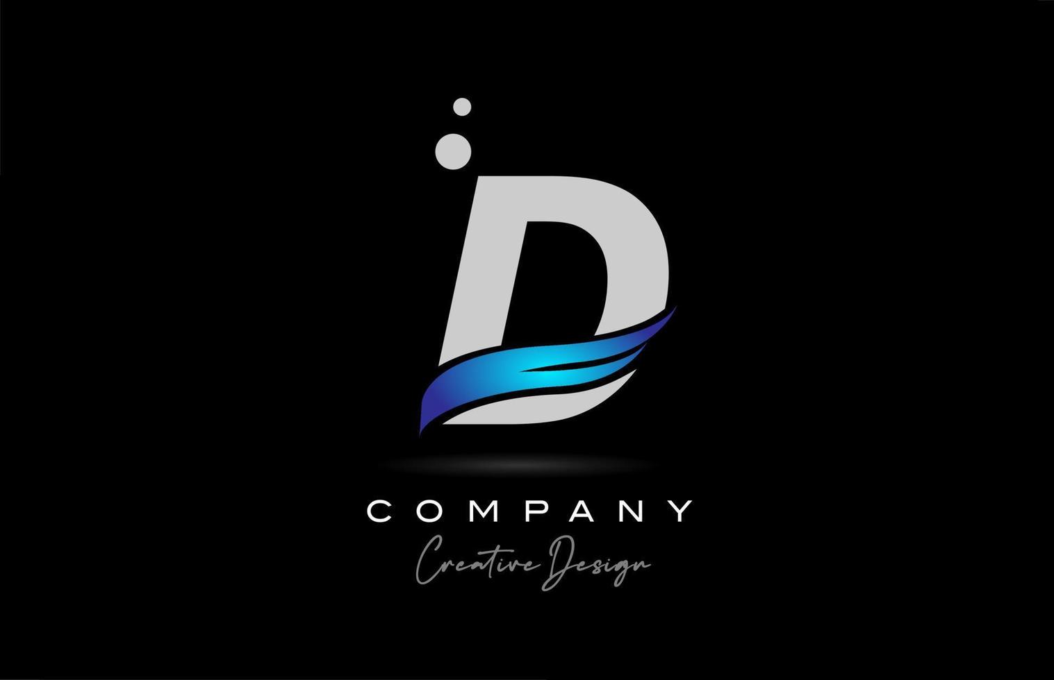 Ícono del logotipo de la letra del alfabeto gris d con swoosh azul. plantilla creativa para negocios y empresas. vector
