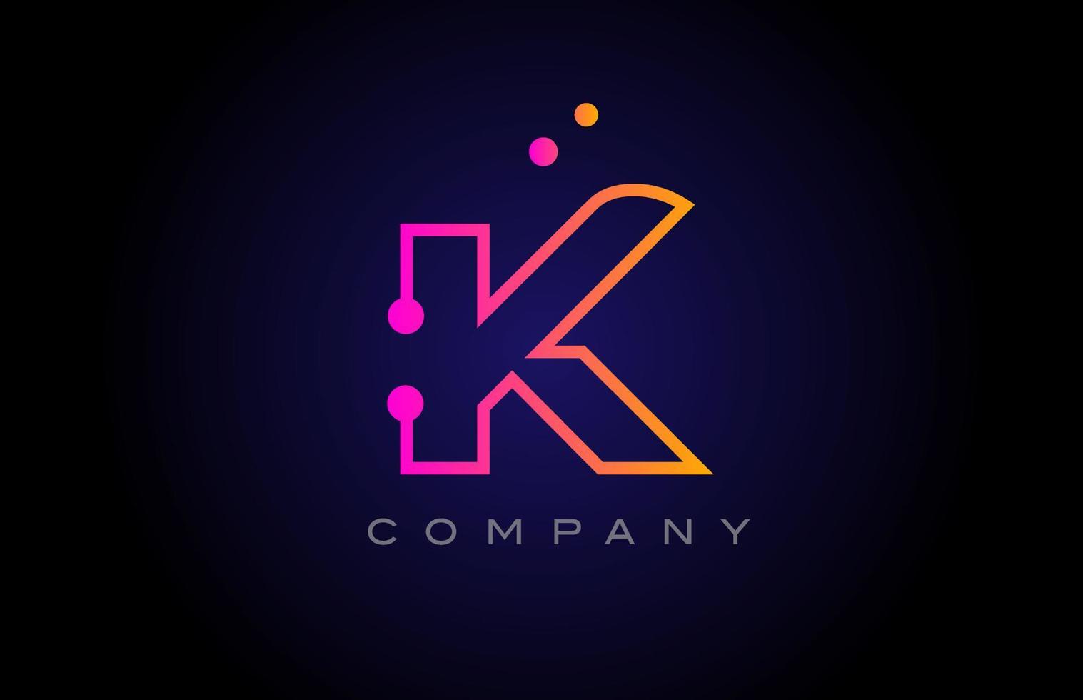 K dot line alphabet letter logo icon design. Creative template for business and company in pink yellow color vector