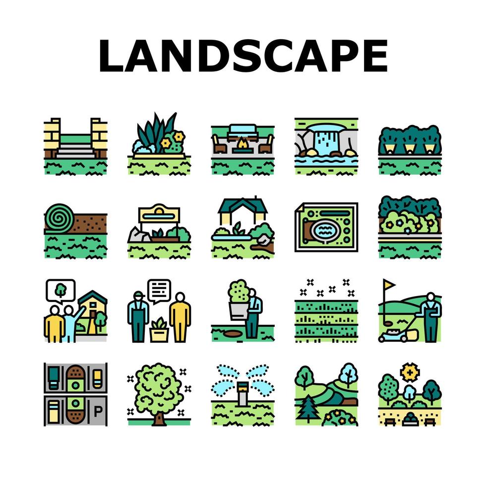 conjunto de iconos de diseño de paisaje y accesorios vector