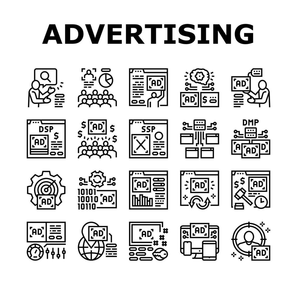 iconos de servicio de publicidad programática establecer vector