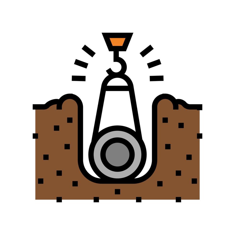 crane putting pipe in pit pipeline construction color icon vector illustration