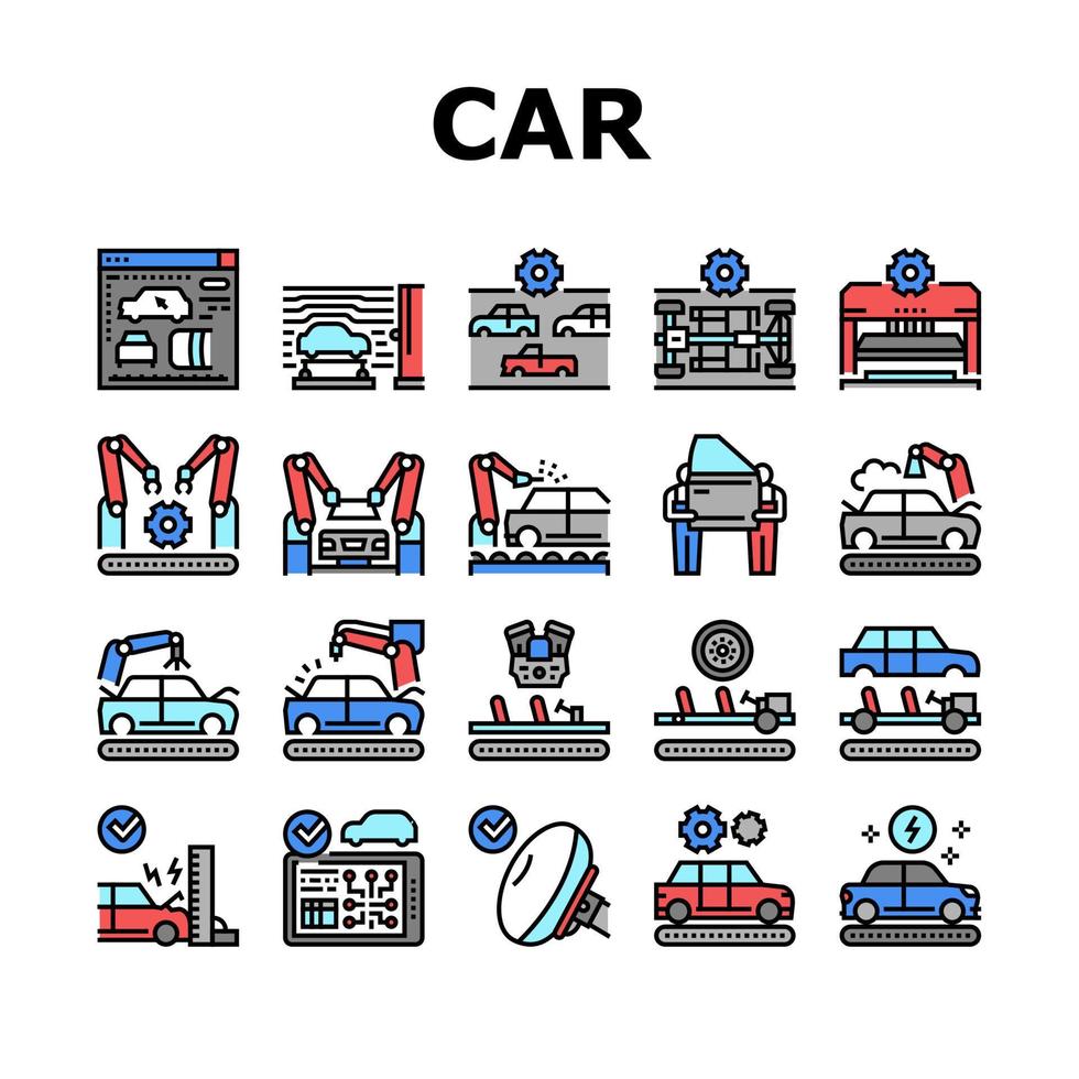 Car Factory Production Collection Icons Set Vector