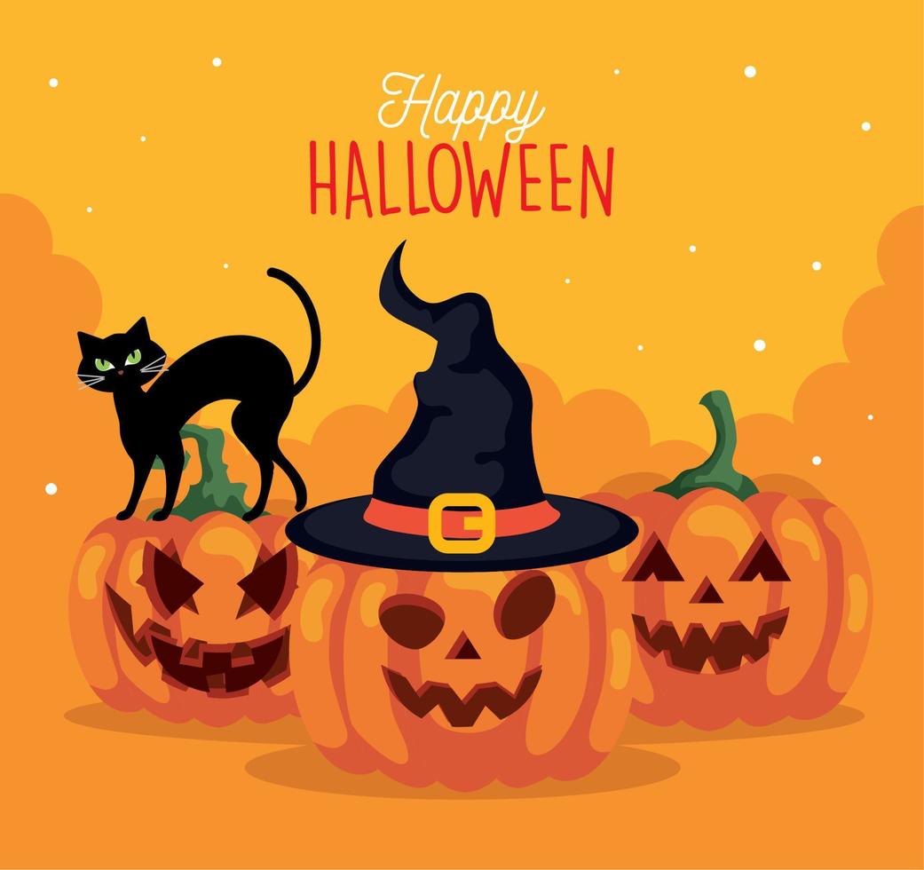 happy halloween banner with pumpkins, cat and hat witch vector