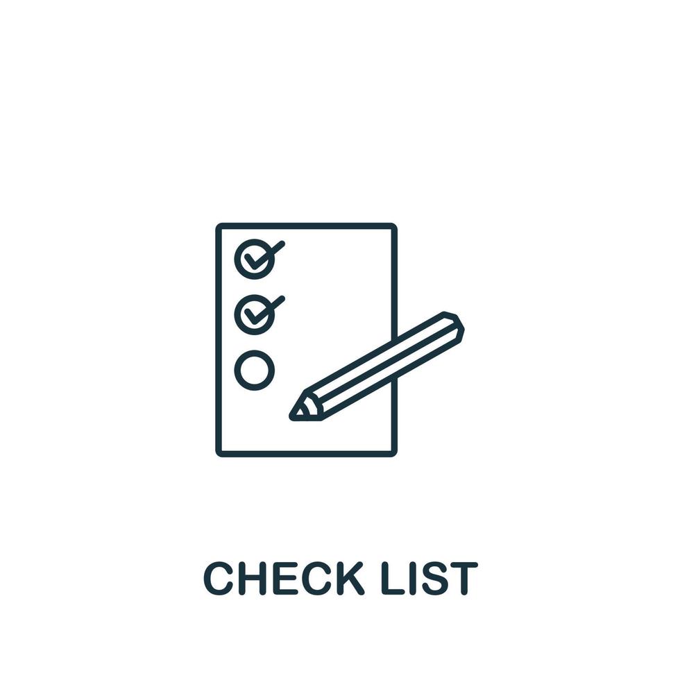 icono de lista de verificación de la colección de herramientas de oficina. icono de lista de verificación de línea simple para plantillas, diseño web e infografía vector