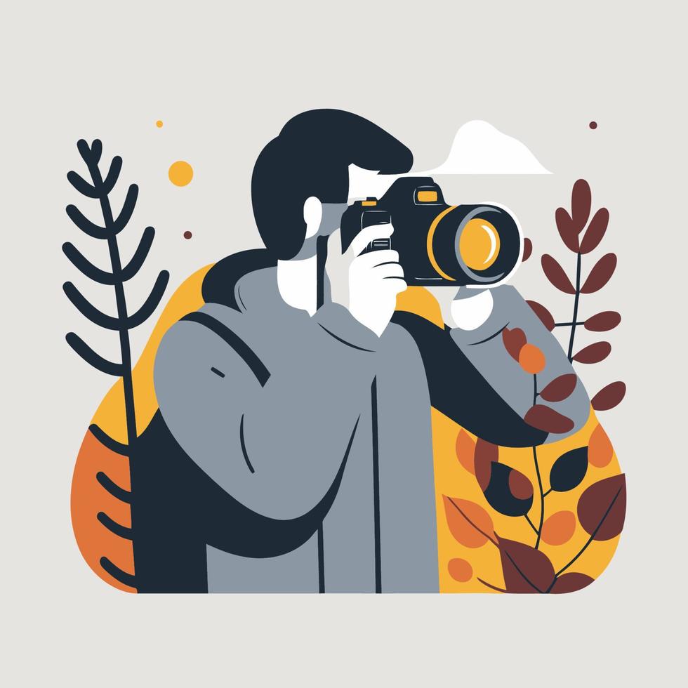 illustration of photographer hold camera with floral background flat color stye vector