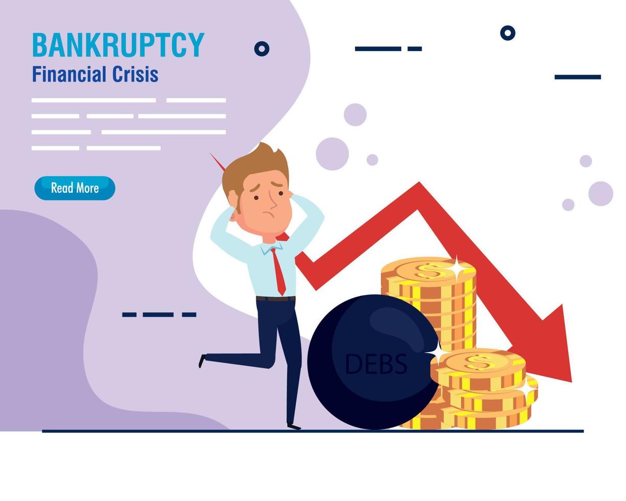 banner bankruptcy financial crisis, worried businessman with coins and icons vector