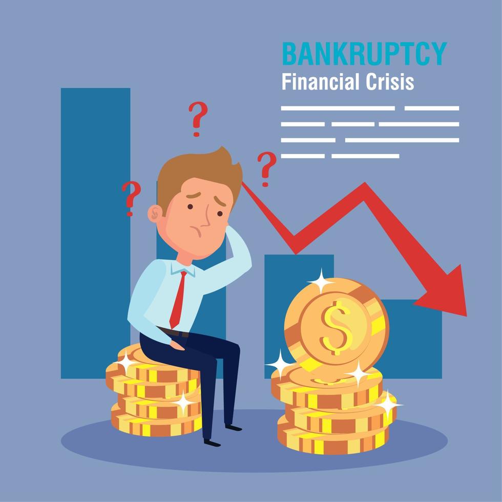 banner crisis financiera de bancarrota, hombre de negocios preocupado con infografía y monedas vector