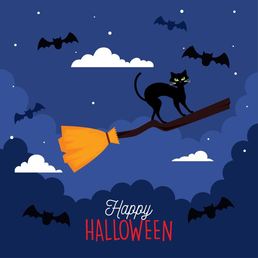 happy halloween banner with cat in witch broom flying vector