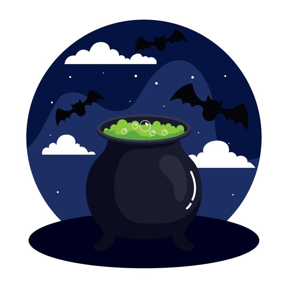 banner de feliz halloween con caldero y murciélagos volando vector