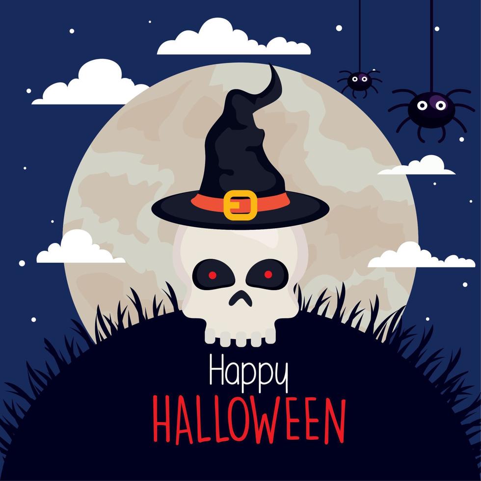 banner de feliz halloween y calavera con sombrero de bruja en la noche oscura vector