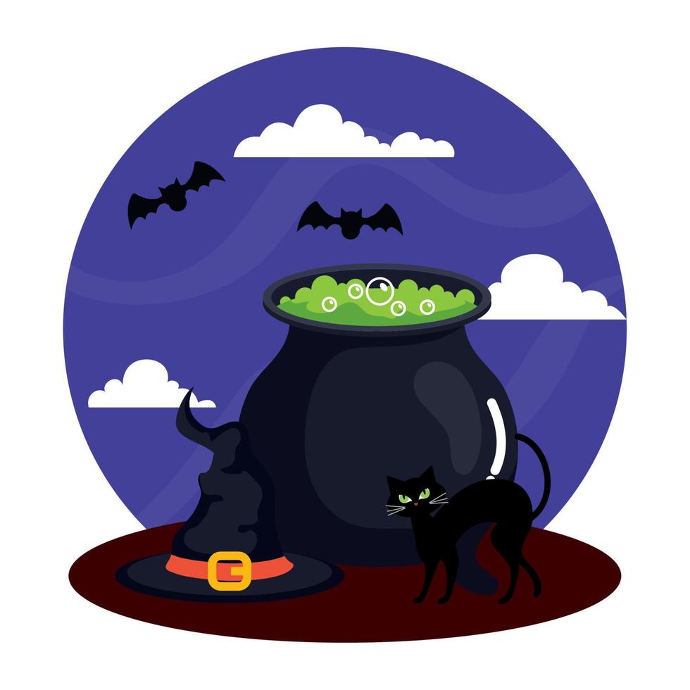 happy halloween banner with cauldron, hat witch and cat vector