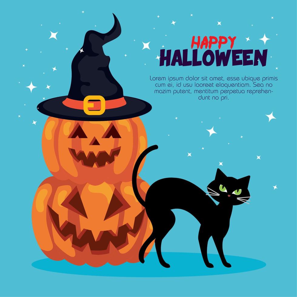 happy halloween banner with pumpkins, hat witch and cat vector