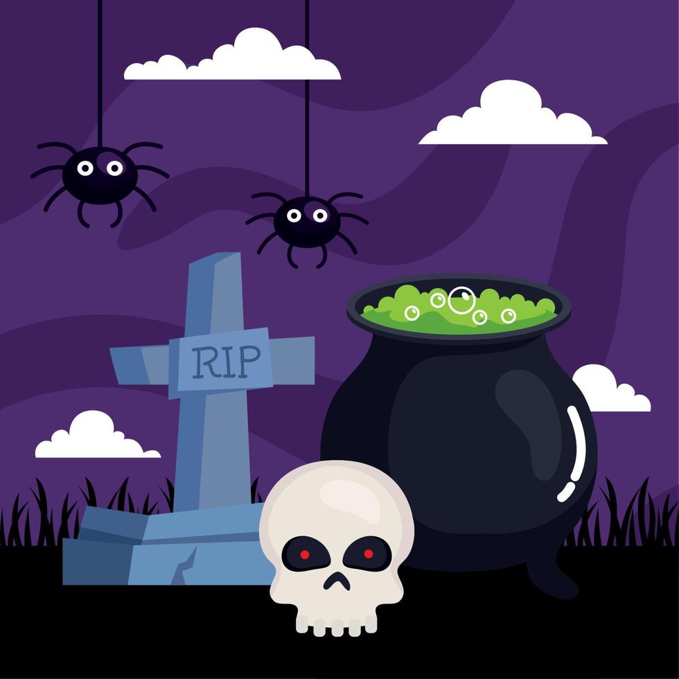 happy halloween banner with cauldron, tombstone, skull and spiders vector