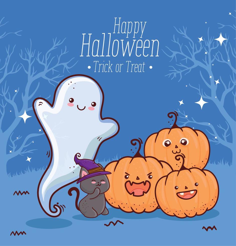banner de feliz halloween con calabazas, gato y fantasma vector