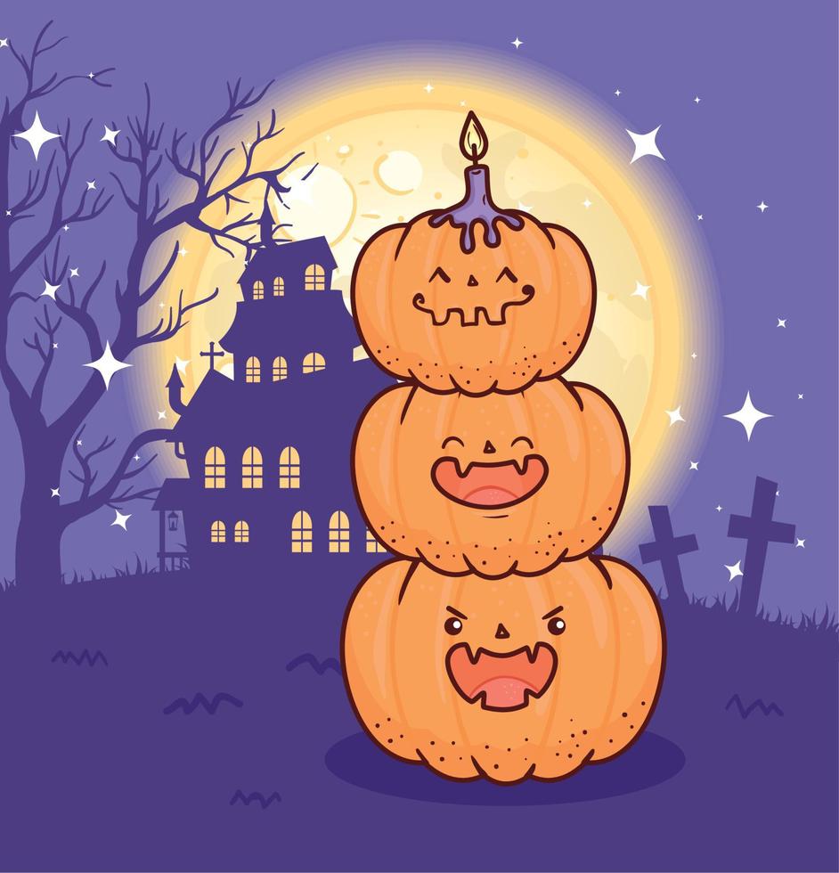 happy halloween banner with pumpkins and castle haunted vector