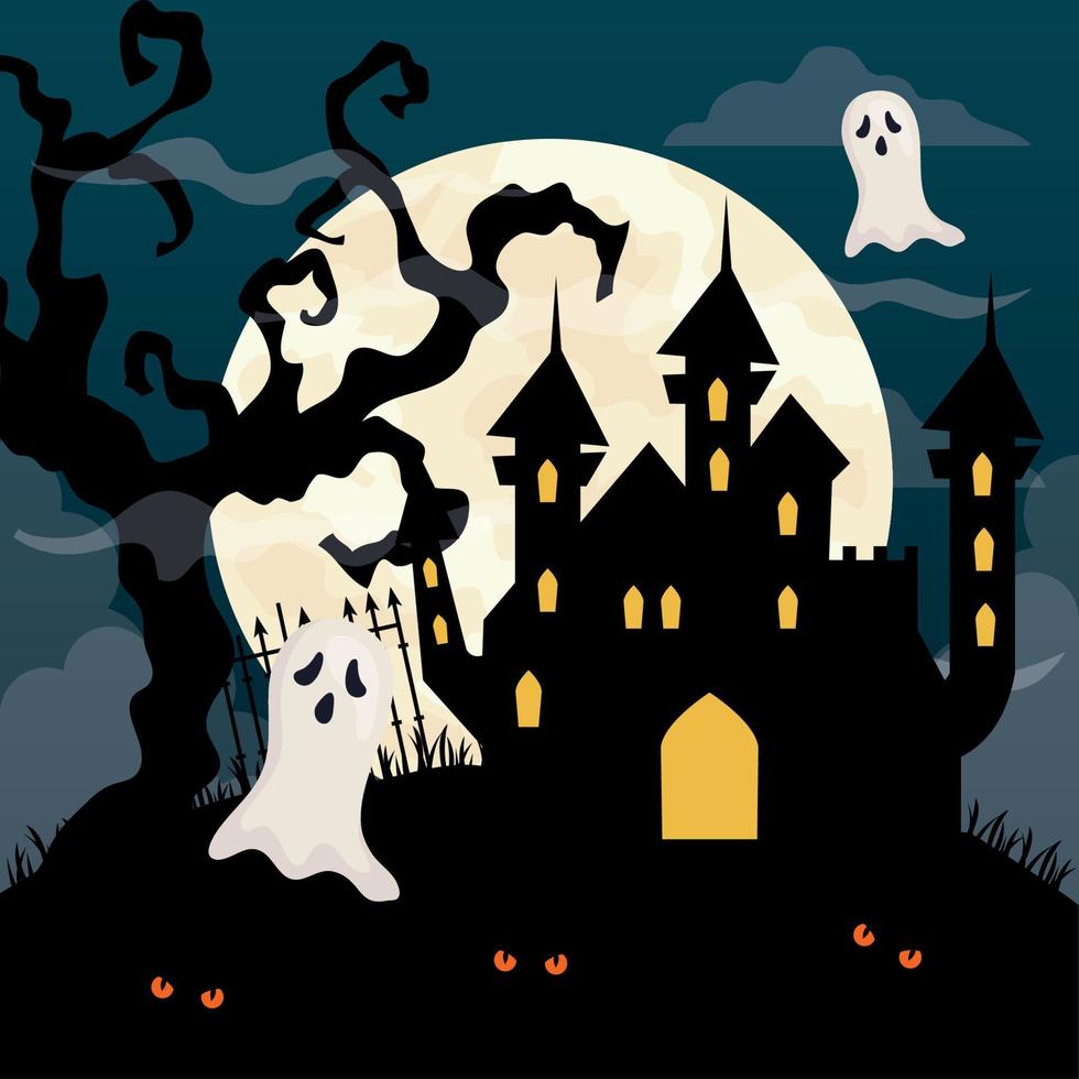 banner de feliz halloween con castillo embrujado y fantasmas en la noche oscura vector