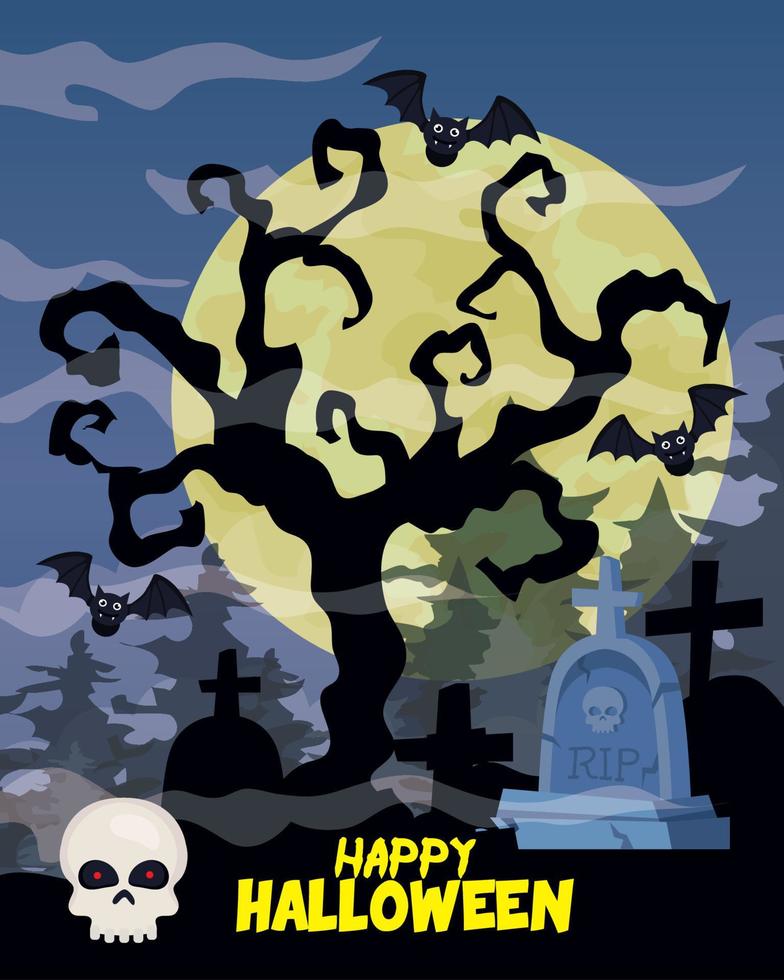 happy halloween banner with dry tree, skull in cemetery scene vector