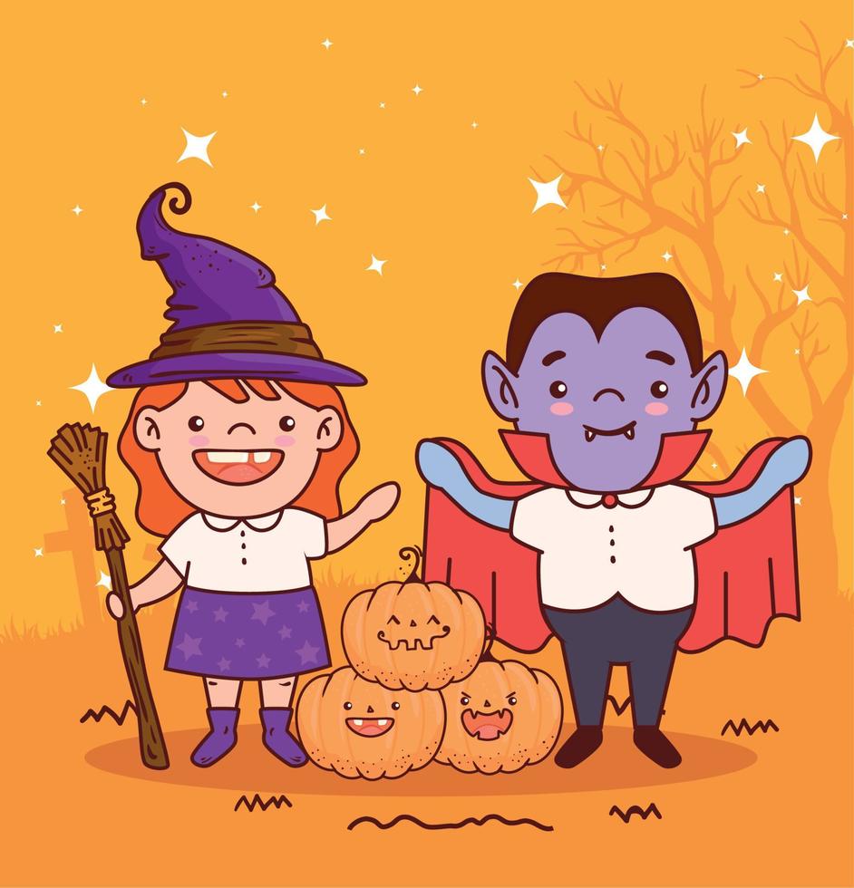 niños disfrazados de bruja y conde drácula para la celebración de halloween feliz vector