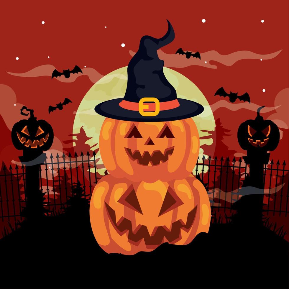 happy halloween banner and pumpkins with hat witch in dark night vector