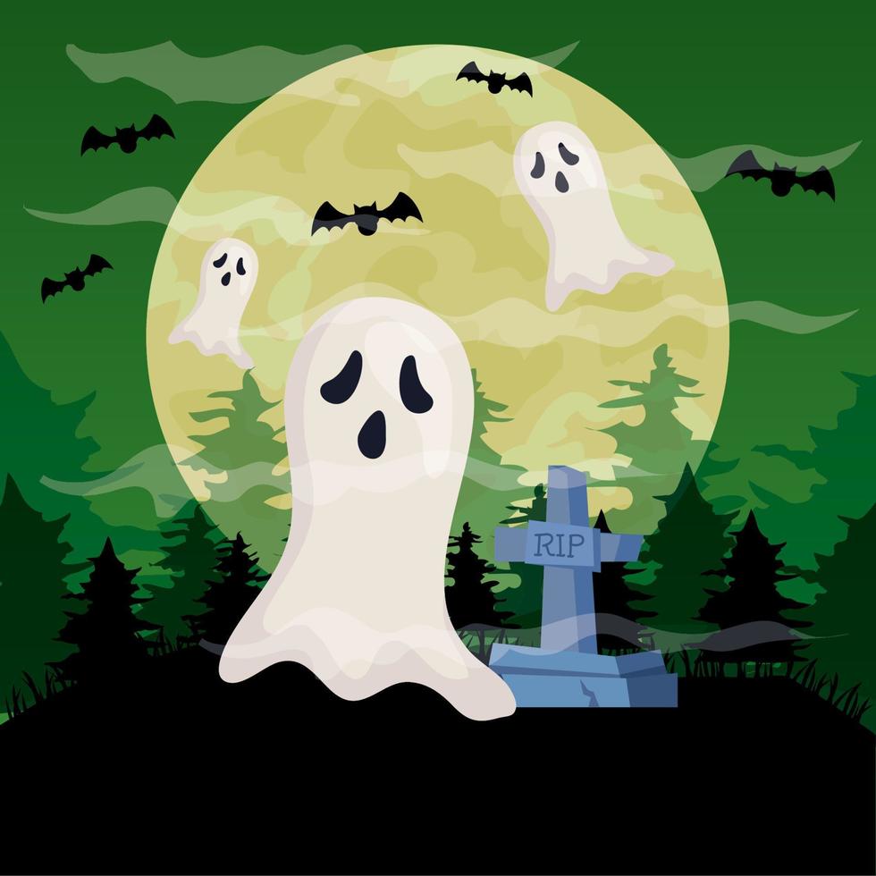 happy halloween banner with ghosts in cemetery scene vector