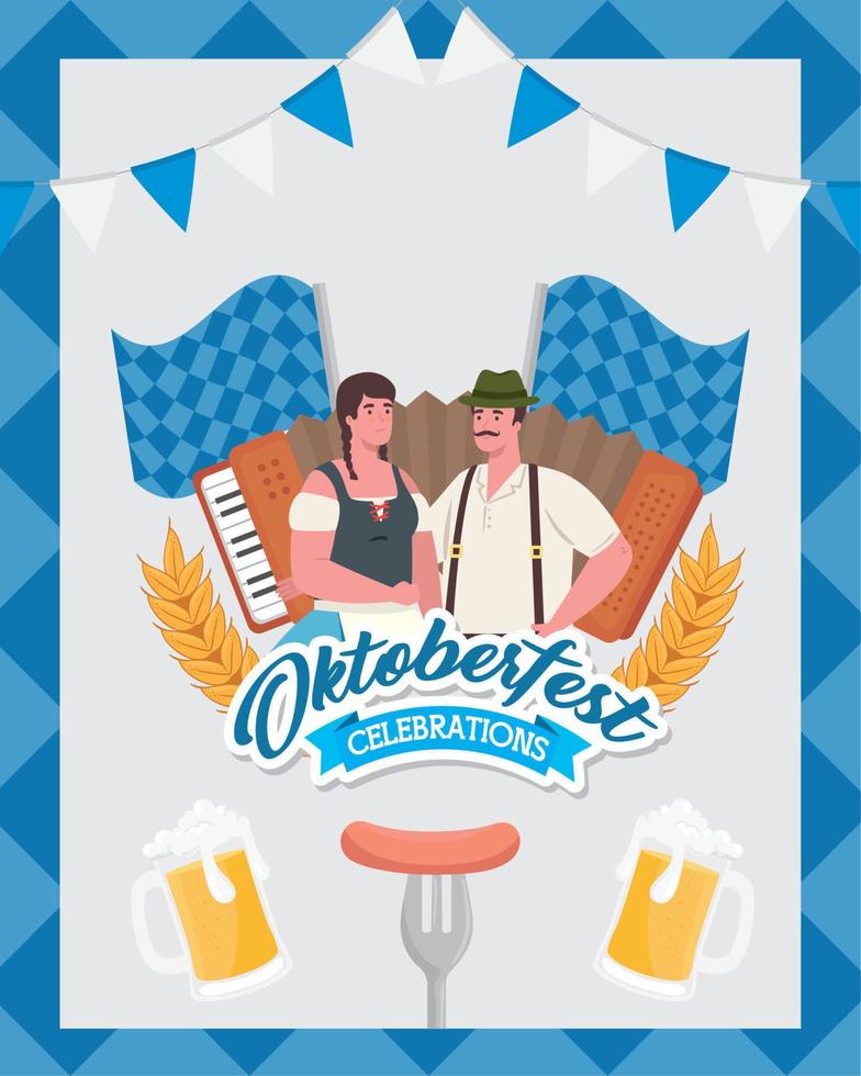 dibujos animados de hombre y mujer de oktoberfest con tela tradicional y diseño de vectores de banderas