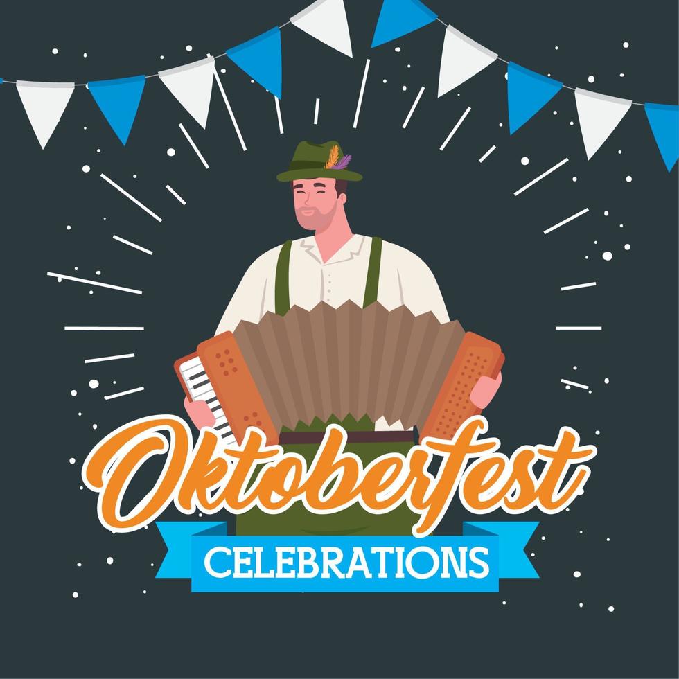 Oktoberfest hombre de dibujos animados con tela tradicional y diseño vectorial de acordeón vector