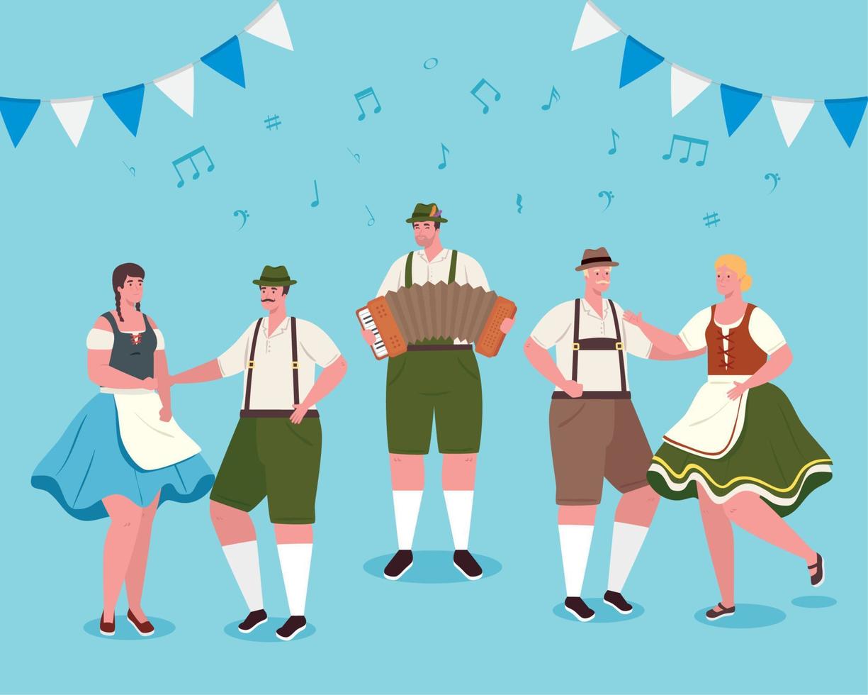 dibujos animados de hombres y mujeres de oktoberfest con diseño de vector de baile de tela tradicional