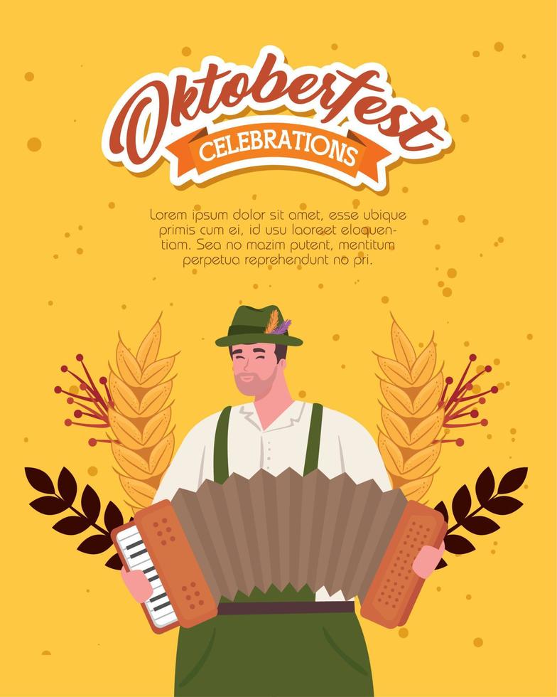 Oktoberfest hombre de dibujos animados con tela tradicional y diseño vectorial de acordeón vector