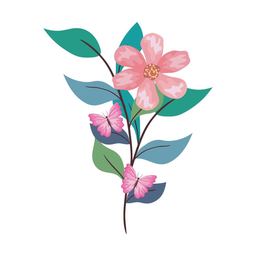 pink butterfles on flower with leaves vector design
