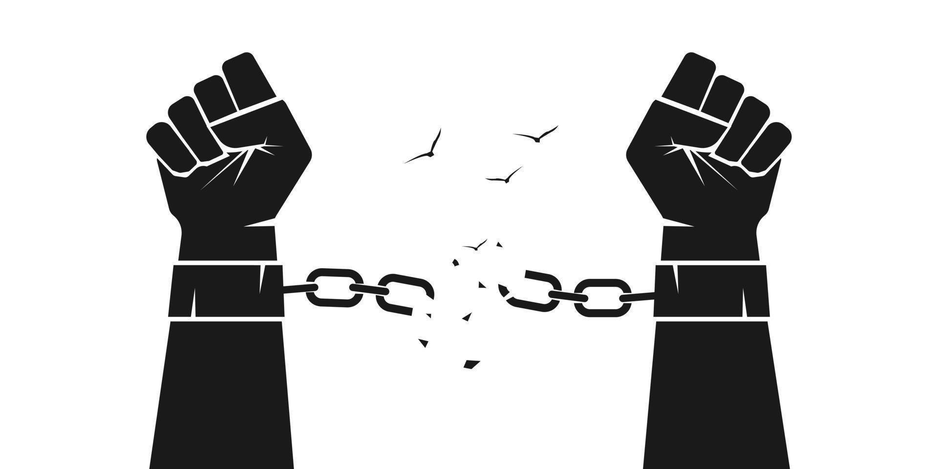 Hands are breaking steel handcuffs. Broken chains, shackles. Freedom concept. Isolated vector illustration.