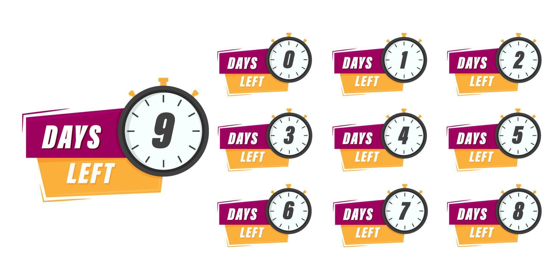 Set of number days left countdown. Count time sale. Nine, eight, seven, six, five, four, three, two, one, zero days left. Isolated vector illustration.
