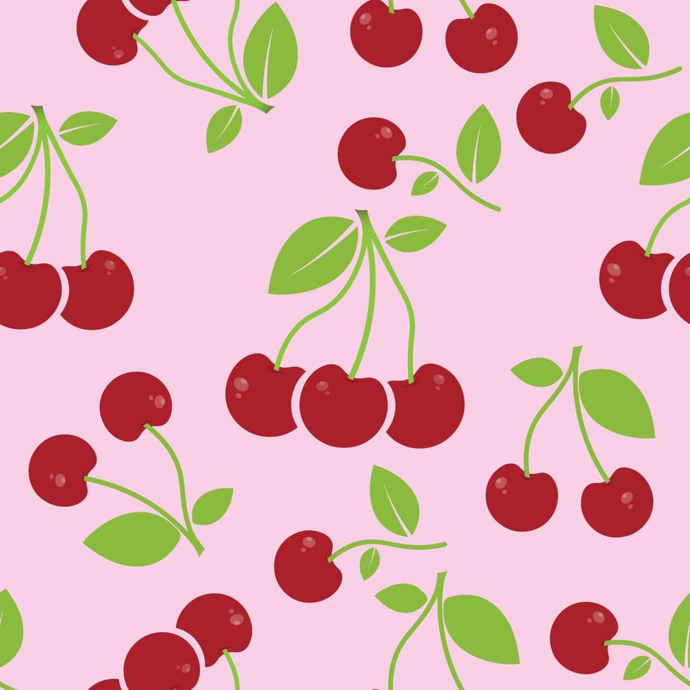 Red cherry pattern on pink background. Food texture. Vector illustration seamless pattern design