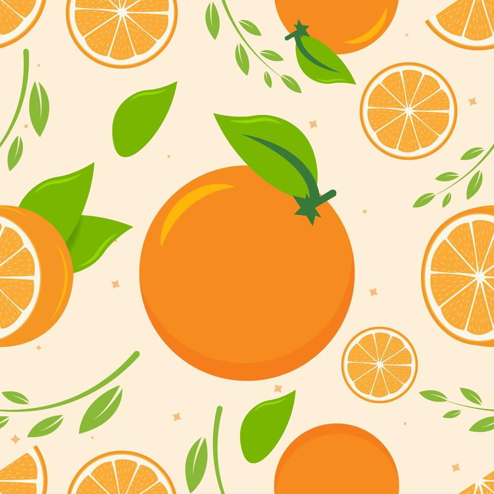 patrón sin costuras de naranjas y hojas. patrón de frutas diseño vectorial de fondo naranja. vector