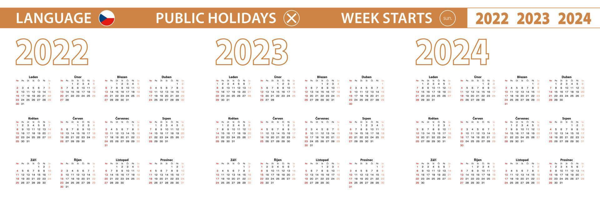 2022, 2023, 2024 year vector calendar in Czech language, week starts on