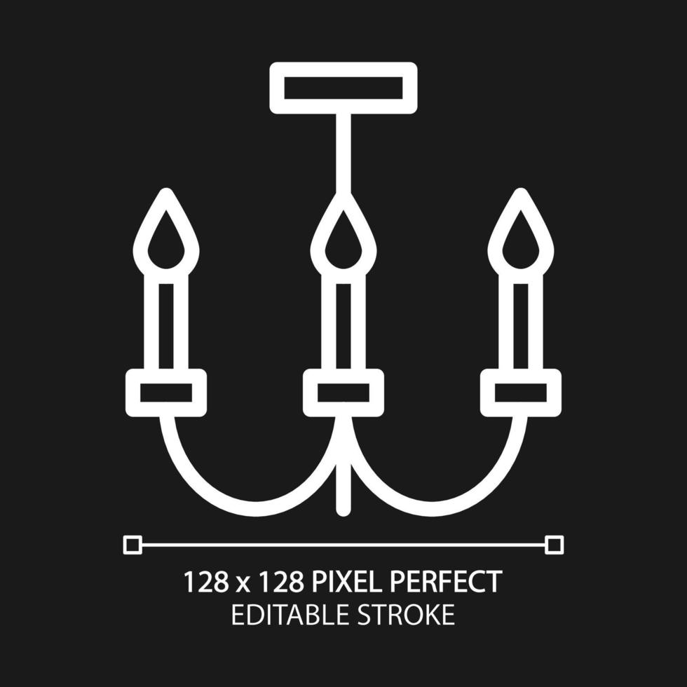 Chandelier pixel perfect white linear icon for dark theme. Ceiling light fixture for dining room. Home furniture store. Thin line illustration. Isolated symbol for night mode. Editable stroke vector