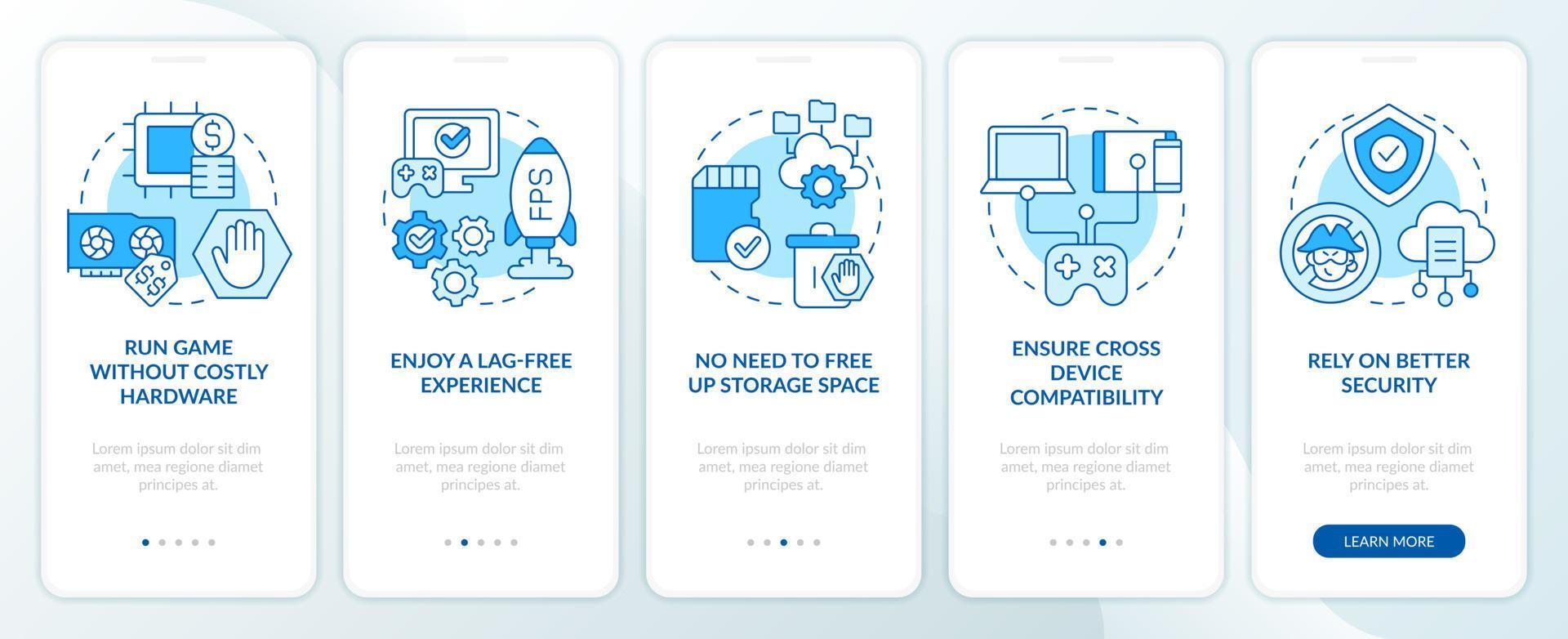 Improvements in cloud gaming blue onboarding mobile app screen. AR, VR walkthrough 5 steps editable graphic instructions with linear concepts. UI, UX, GUI template. Myriad Pro-Bold, Regular fonts used vector