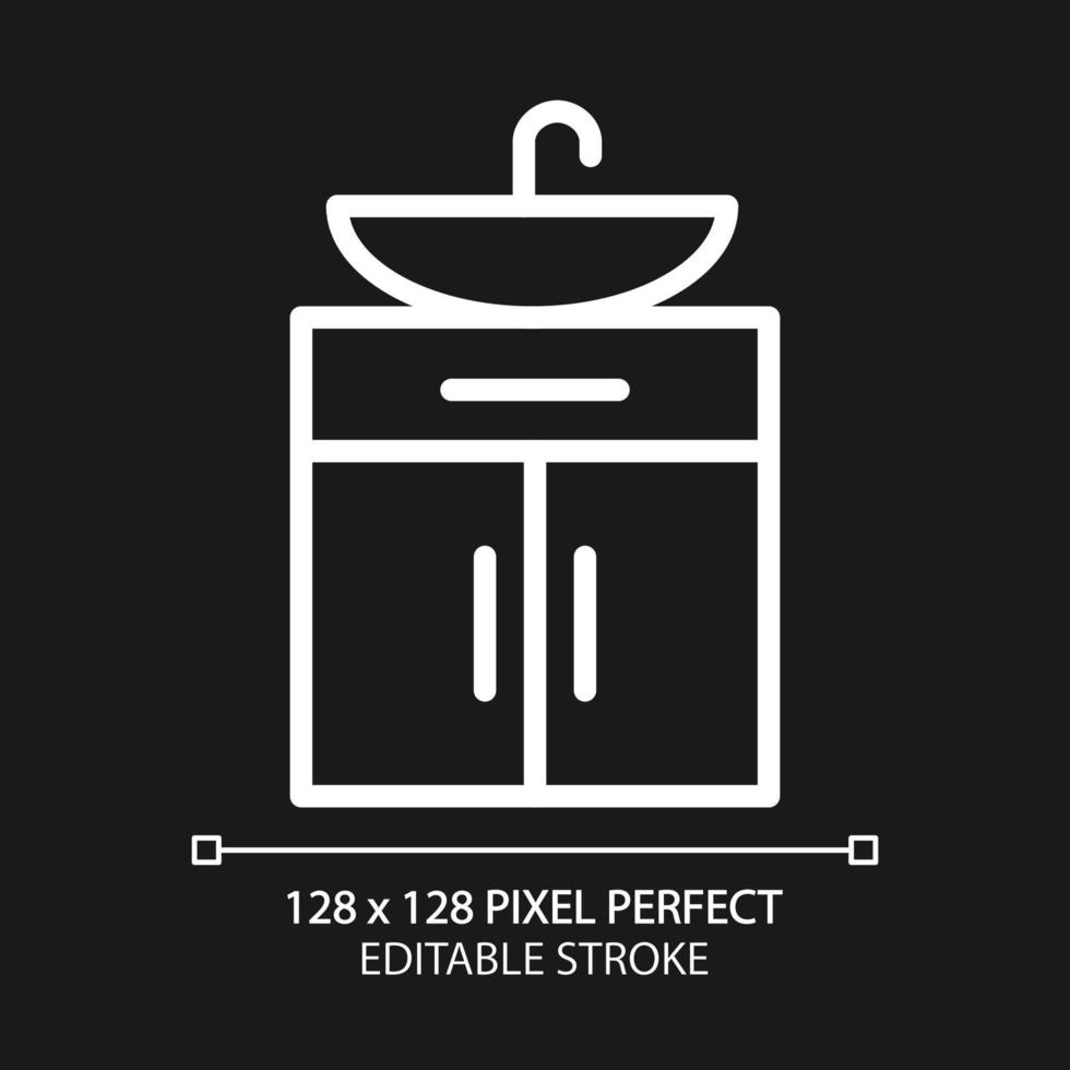 Washstand pixel perfect white linear icon for dark theme. Ceramic bathroom sink. Basin with cabinet. Home furniture store. Thin line illustration. Isolated symbol for night mode. Editable stroke vector