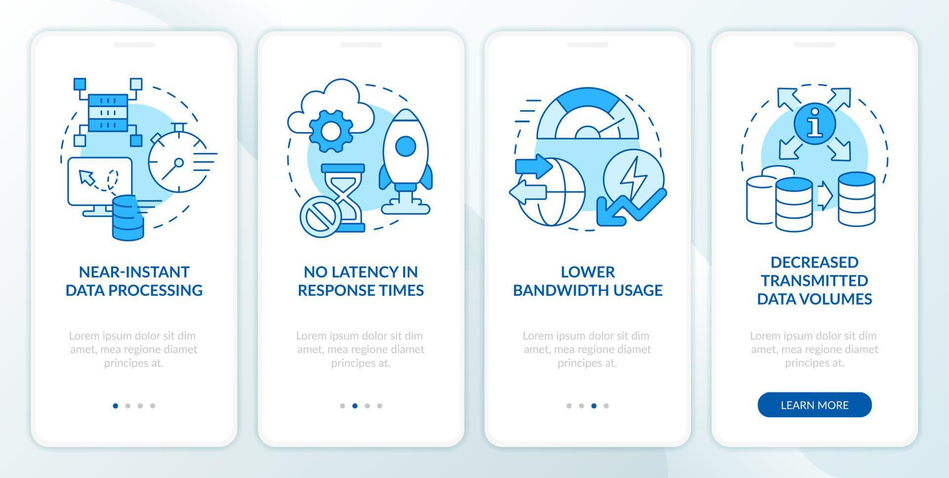 Cloud and edge tech innovations blue onboarding mobile app screen. Walkthrough 4 steps editable graphic instructions with linear concepts. UI, UX, GUI template. Myriad Pro-Bold, Regular fonts used vector