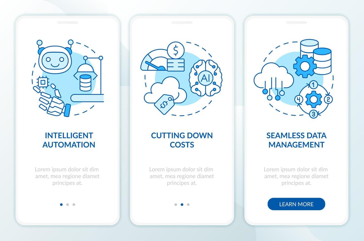 Robotics in data computing benefits blue onboarding mobile app screen. Walkthrough 3 steps editable graphic instructions with linear concepts. UI, UX, GUI template. Myriad Pro-Bold, Regular fonts used vector